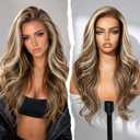Balayage Brown Highlight Synthetic Lace Front Wig, 13x4 HD Lace Layered Body Wavy Glueless Wig,Old Money Styler Natural Looking Fake Human Hair for Women 26IN