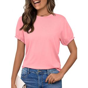 Womens Ruffle Short Sleeve T Shirts Summer Tops Trendy 2026 Dressy Casual Blouses Crew Neck Loose Basic Tees (L)