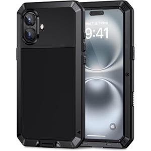 Lanhiem for iPhone 16 Plus Metal Case, Heavy Duty Shockproof Tough Rugged Case with Built-in Glass Screen Protector, 360 Full Body DustProof Protective Cover for Phone 16 Plus, 6.7", Black