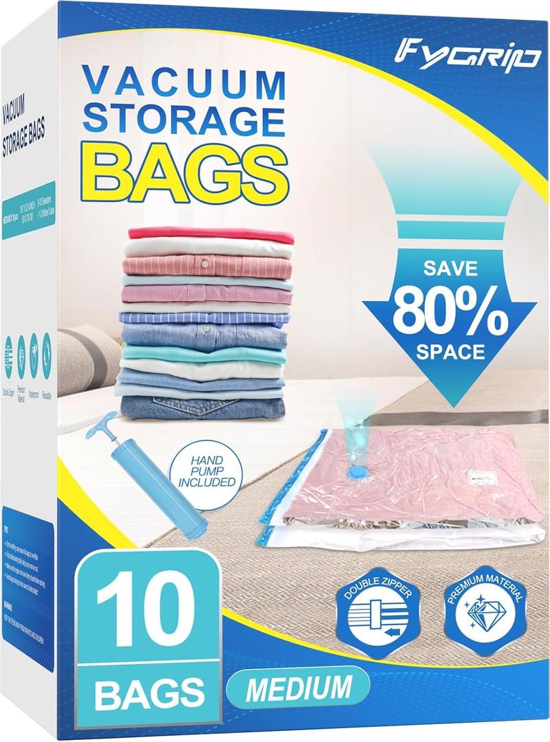 Fygrip Vacuum Storage Bags with Hand Pump, Plastic Packaging Bags, 80% Space Saver Vacuum Seal Bags for Clothing, Travel Lugggage, Blankets, Comforters, 10 Medium
