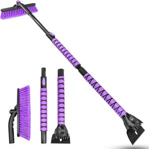 HEEYA 51 Inch Snow Brush for Trucks, Extendable Long Handle Ice Scraper with Brush with Foam Grip, SUV Heavy Duty Snow Brush with Ice Scraper for Car Auto Jeep RV Vehicle Windshield Window - Purple