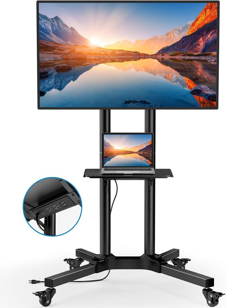HUANUO Rolling TV Stand with Power Outlet, Mobile TV Cart for 32-85 Inch Flat/Curved TVs, Tilt & Height-Adjustable TV Cart on Wheels Holds 132 lbs, Max VESA 600x400mm HNTVMC01