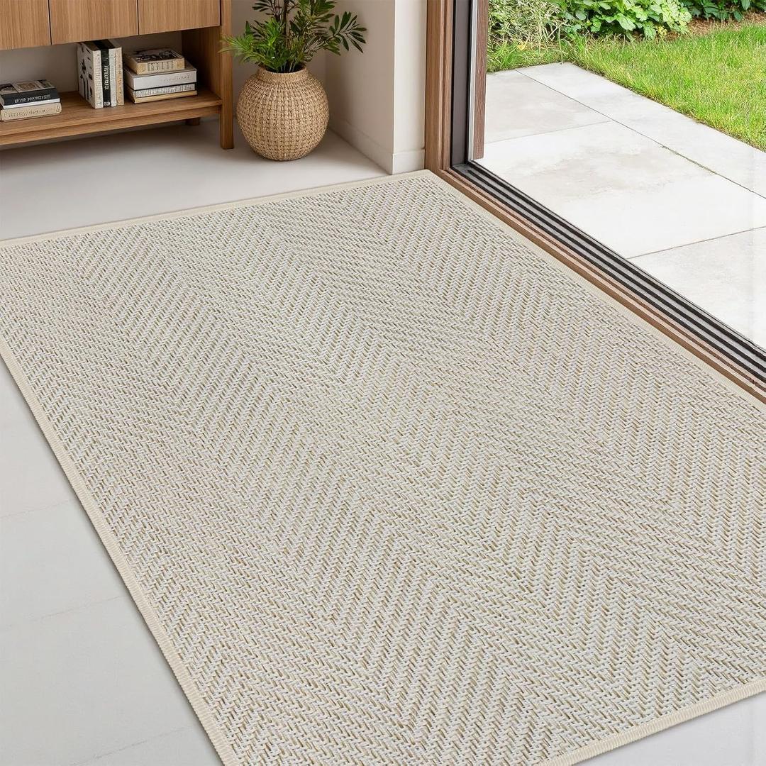 Ultra Thin Indoor Door Mat 24"x36", Washable Door Mat Indoor Entrance, Non Slip Rubber Backing Doormat Low-Profile Inside Entryway Mat, Unique Herringbone Design Entry Mat, Khaki (FOLD) (60x90cm)