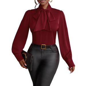 Vrtige Women's Bow Tie Neck Long Sleeve Elegant Blouse Shirt Top XL