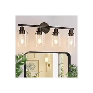 Unicozin 4 Light Vanity Lights, Bathroom Light Fixtures Over Mirror, Black Wall Sconce Light with Clear Glass, Wall Light for Living Room, Bedroom, Hallway, E26 Base