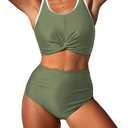 ZAFUL High Waisted Bikini Sets for Women Two Piece Swimsuit Modest Bathing Suit Tummy Control Swim Suit Twist Front Push Up Bikini Top with Full Coverage Bikini Bottom Cute Swimwear 2025 Olive-Green S