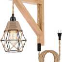 Frideko Wall Lamp with Plug in Cord - Plug in Wall Sconces, Farmhouse Hanging Lamps that Plug into Wall Outlet, Rustic Wall Mount Lamp with Wood Shelf Bracket & Switch Cord for Living Room, Bedroom (Orange)