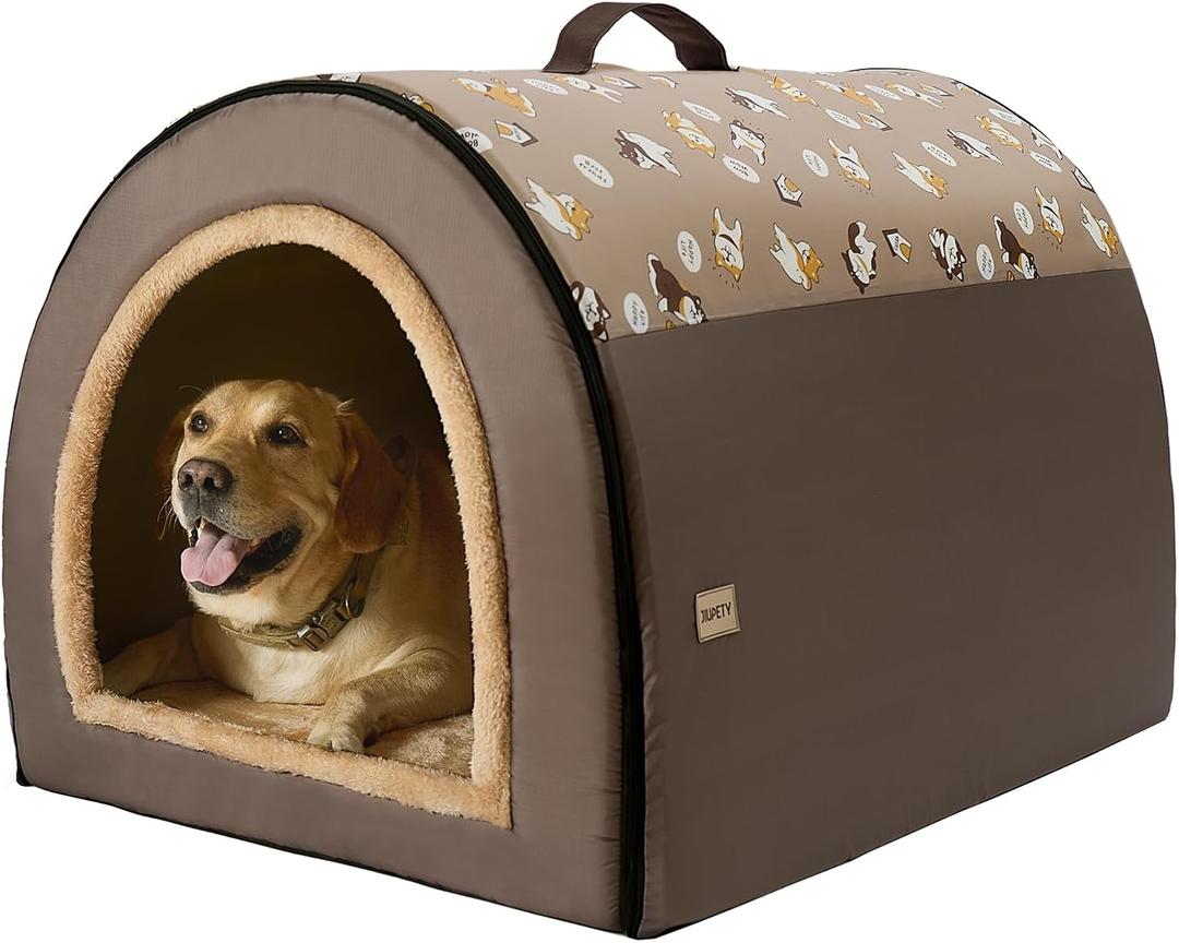 Jiupety 2 in 1 Dog House Indoor, Comfy Cave Bed Covered Dog Bed, Portable House for Large Dogs, 3XL(39"x32"x28"), Up to 90 Lb, Brown