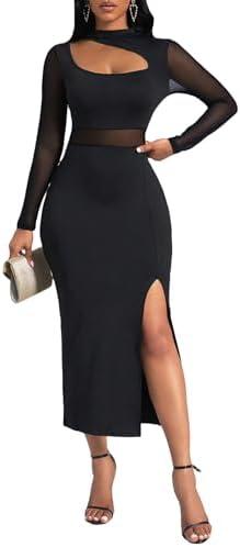 Milumia Women's Cut Out Mock Neck Mesh Dress Slit Hem Long Sleeve Bodycon Maxi Dresses Large