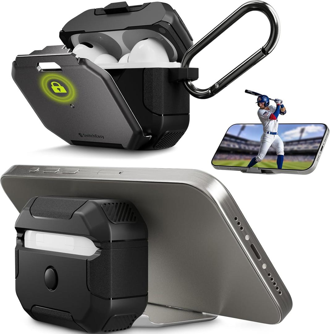 SwitchEasy Defender+ AirPods Pro Locking Case 2nd Generation & 1st Generation - Wireless Charging Case with Phone Stand, Shockproof Protection for Apple AirPods, AirPod Pro Case with Lock - Space Gray