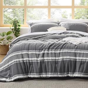 Bedsure Boho Comforter Set Queen - Dark Grey Jacquard Bedding Queen Size, 3 Pieces Farmhouse Shabby Chic Embroidery Bed Set, Soft Fluffy Tufted Striped Comforter for All Seasons