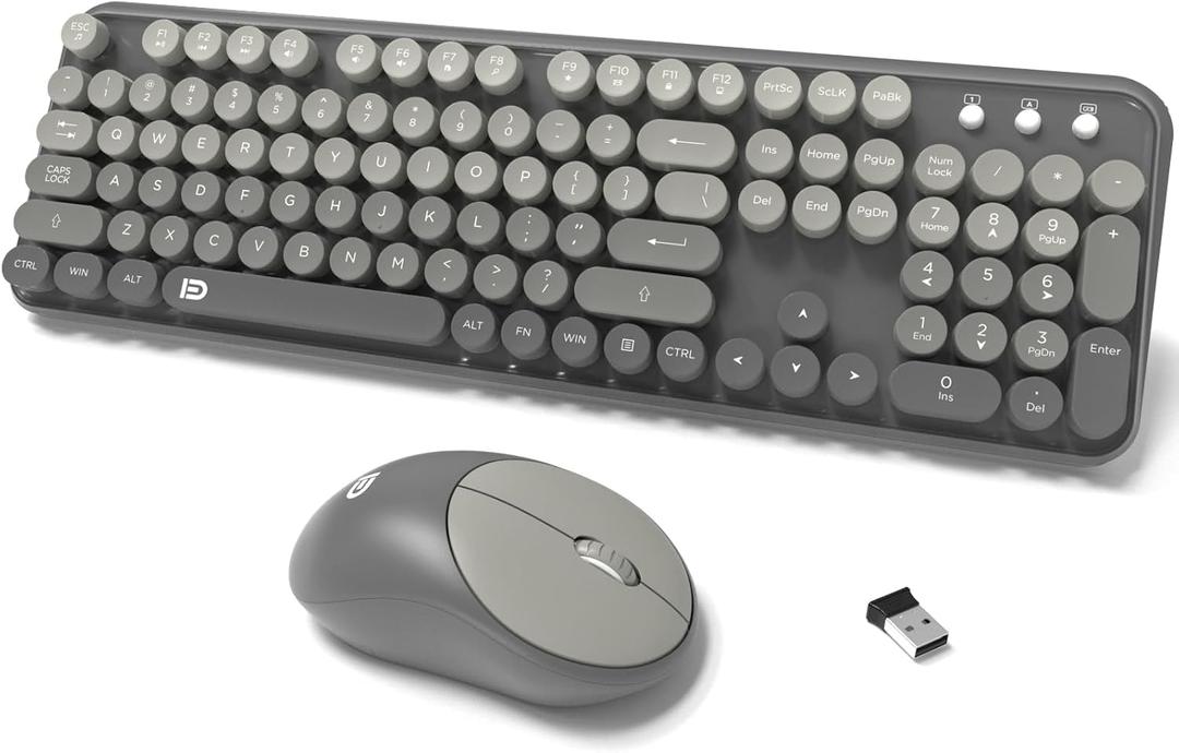 Wireless Keyboards Mouse Combos, Colorful Cute Typewriter Full-Size Retro Creamy Keyboard, 2.4GHz Sleep Mode Office Quiet Wireless Keyboard and Mouse Set for Desktop Laptop PC Computer-Black (105 Keys Gray-Black)