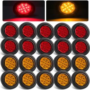 2.5" Round LED Marker Lights 13 LEDs w/Reflectors, 10 Amber + 10 Red 2 1/2" Round LED Trailer Marker Lights Truck RV Side Clearance Marker Lights Sealed Flush Grommets Mount w/2 Prong Wire Pigtails