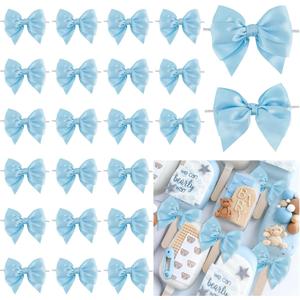 Blue Bows 24 PCS Baby Blue Satin Ribbon Bows 4" Pre-Tied Twist Tie Bow for Gift Wrapping Treat Bags Cake Pops Candy Apple Crafts Baby Shower Birthday Wedding Party Favors