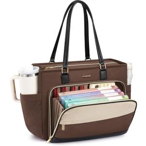 LOVEVOOK Teacher Tote Bag, Laptop Bag for Women with Large Cup Holder & Accordion File Area, Work Tote Bag for Business (15.6 inch, Coffee Brown-khaki-black)