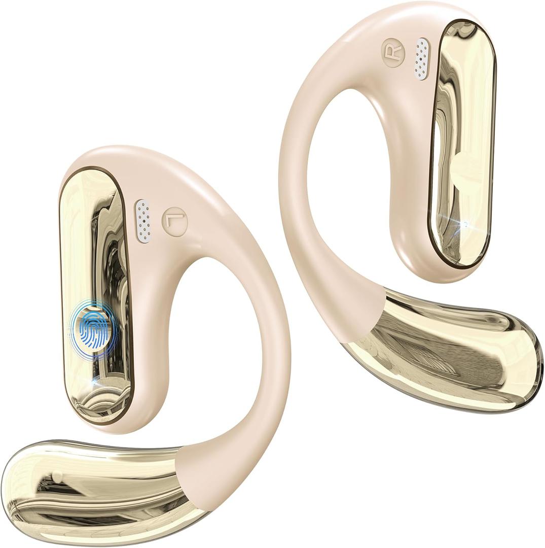 Open Ear Bluetooth 5.4 Earbuds, 2025 Wireless Headphones Sport Over Earphones Built-in Mic with Ear Hooks 50H Playtime Ear Buds LED Display Charging Case, Waterproof Design for Running Fitness, Khaki
