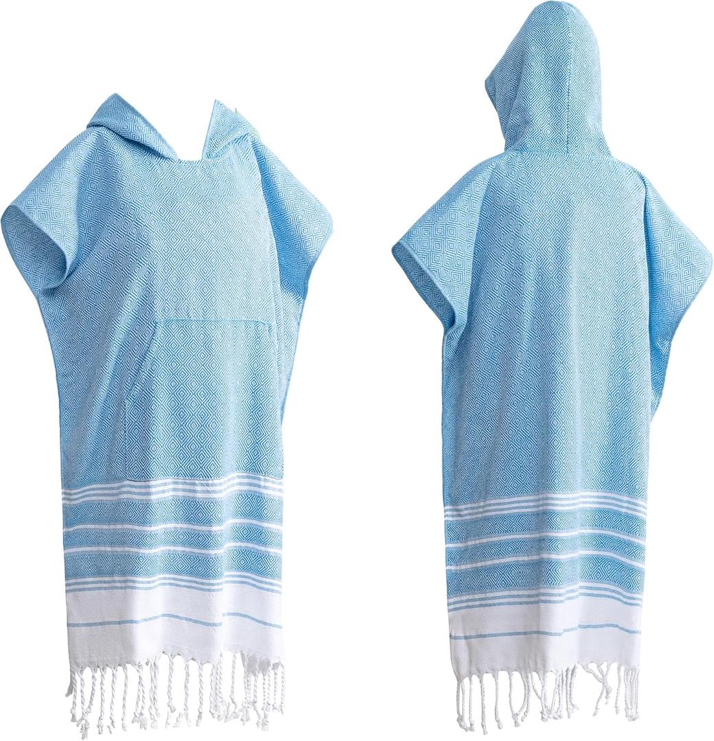1pcs Turkish Towel Poncho Turkish Cotton Beach Poncho wim Cover Up Wearable Towel Hooded Poncho with Pocket for Adult Man Women (Blue)