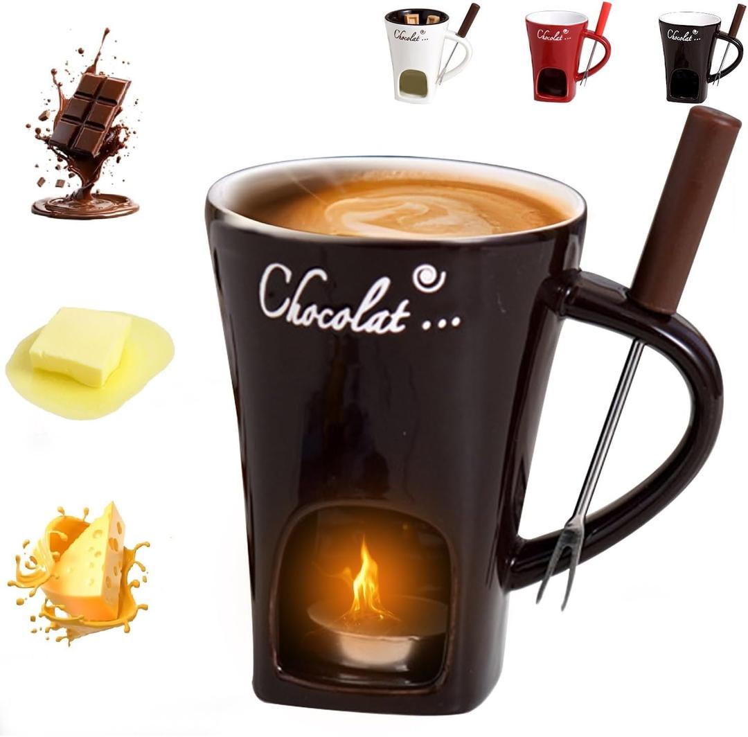 Sweet Fondue Cup for Date Night and More, Chocolate Fondue Mug with Fork, Personal Chocolate Melting Cup for Cheese, Ceramic Chocolate Melting Cup For Birthday Wedding Gifts (Brown)