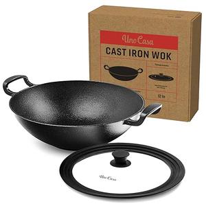 Uno Casa Cast Iron Wok Pan - 8 lb. Flat Bottom Wok with Silicone Lid - 12 Inch, 5.2 Q, Compact, Durable Induction Wok for Both Indoor and Outdoor Cooking