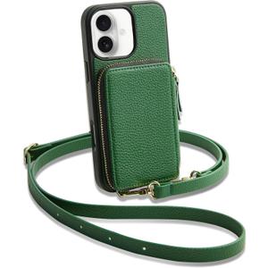 Keallce Case for iPhone 16 6.1'' Case Wallet, Crossbody Zipper Purse with RFID Blocking Card Slots Kickstand, Detachable Lanyard & Handstrap Flip Folio Leather iPhone Cover for iPhone 16, Green