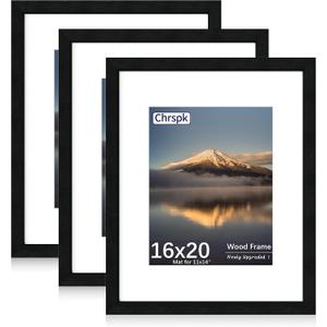 16x20 Poster Frame, Display Pictures 11X14 with Mat or 16x20 Without, Wall Hanging Frames, Black, 3 Pack