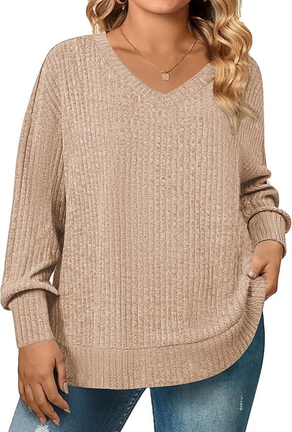 Women's Plus Size Long Sleeve Shirts V Neck Casual Fall Tops Loose Fit Lightweight Sweaters Tunic Fashion 2025, L