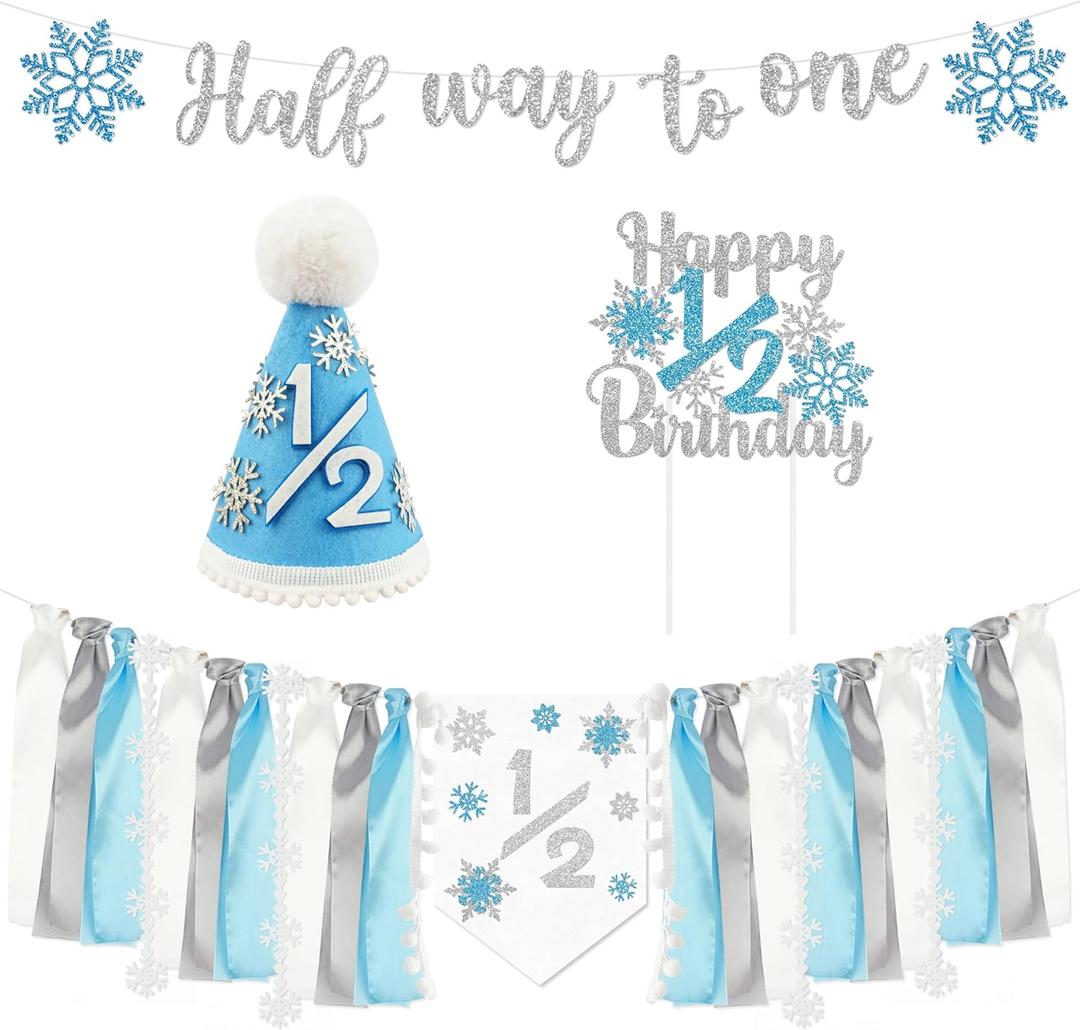 1/2 Birthday Snowflake Half Birthday Decorations - Snowflake It's My 1/2 Birth Banner Glitter Cake Topper Tassel High Chair Banner & Crown, Hat Halfway to One Boy Girl Party Supplies