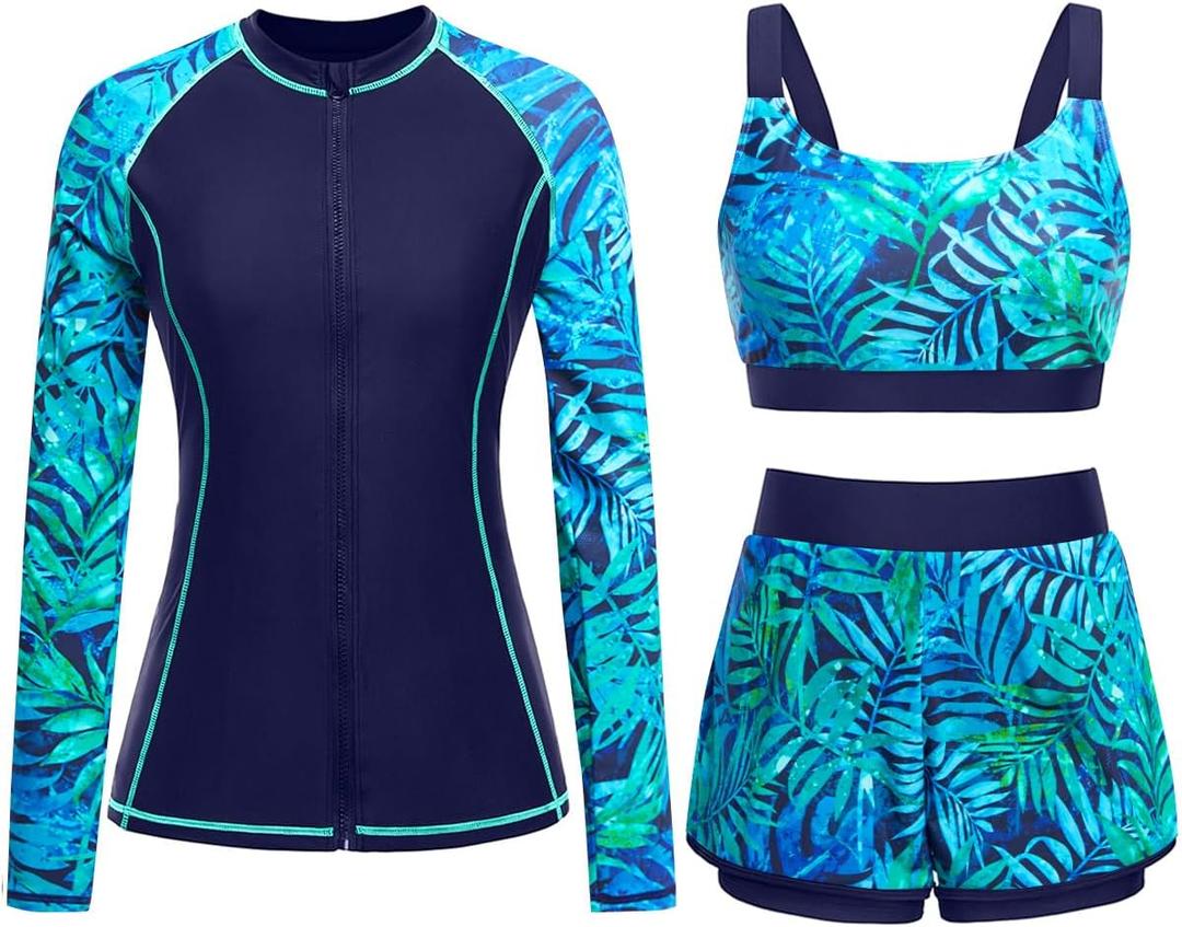3 Piece Rash Guard for Women - Long Sleeve Swimsuits with Shorts SPF Zip up Swim Shirt with Built in Bra, M