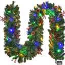 Christmas Garland with Lights 9FT, Lighted Christmas Garland Battery Powered 8 Lighting Modes, 50 LED Lights Garland, Red Berry, Christmas Pine Cone, for Stairs, Front Door, Christmas Decor