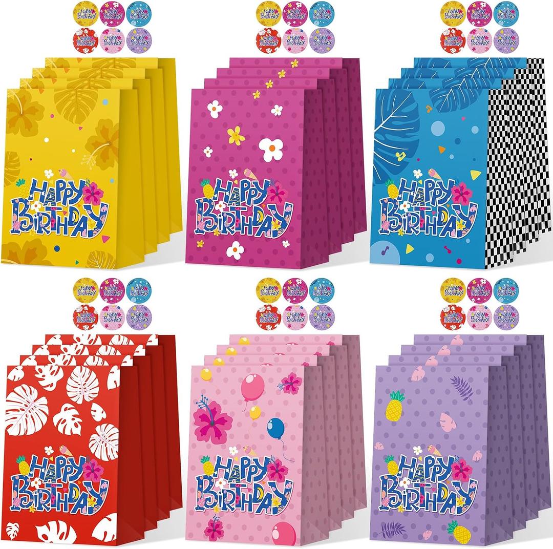 2 x MotiMind 24 Pack Hawaii Birthday Party Gift Bags with Stickers 6 Colorful Designs Luau Paper Goodie Bags for Cartoon Party Favors Tropical Summer Beach Theme Parties Gift Candy Wrapping