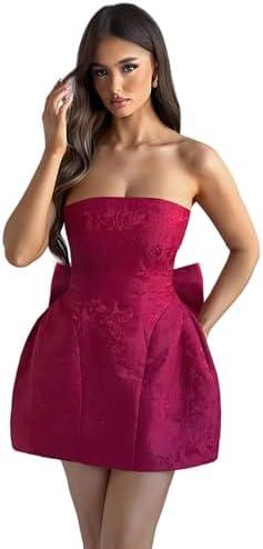 JUMISEE Embroidery Satin Homecoming Dress with Bow Modest Strapless Mini Dress A Line Short Prom Dresses Party Gown M