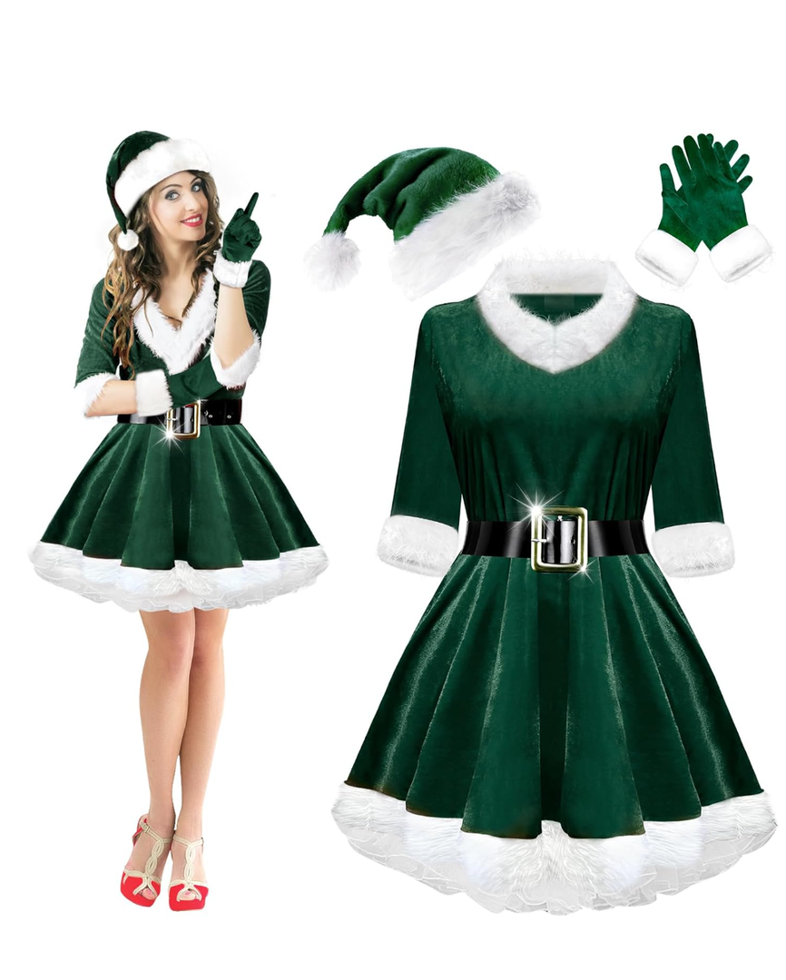 Mrs. Claus Costumes for Women 4PCS Santa Claus Costume Women Velvet Santa Dress Hat Gloves for Christmas Party