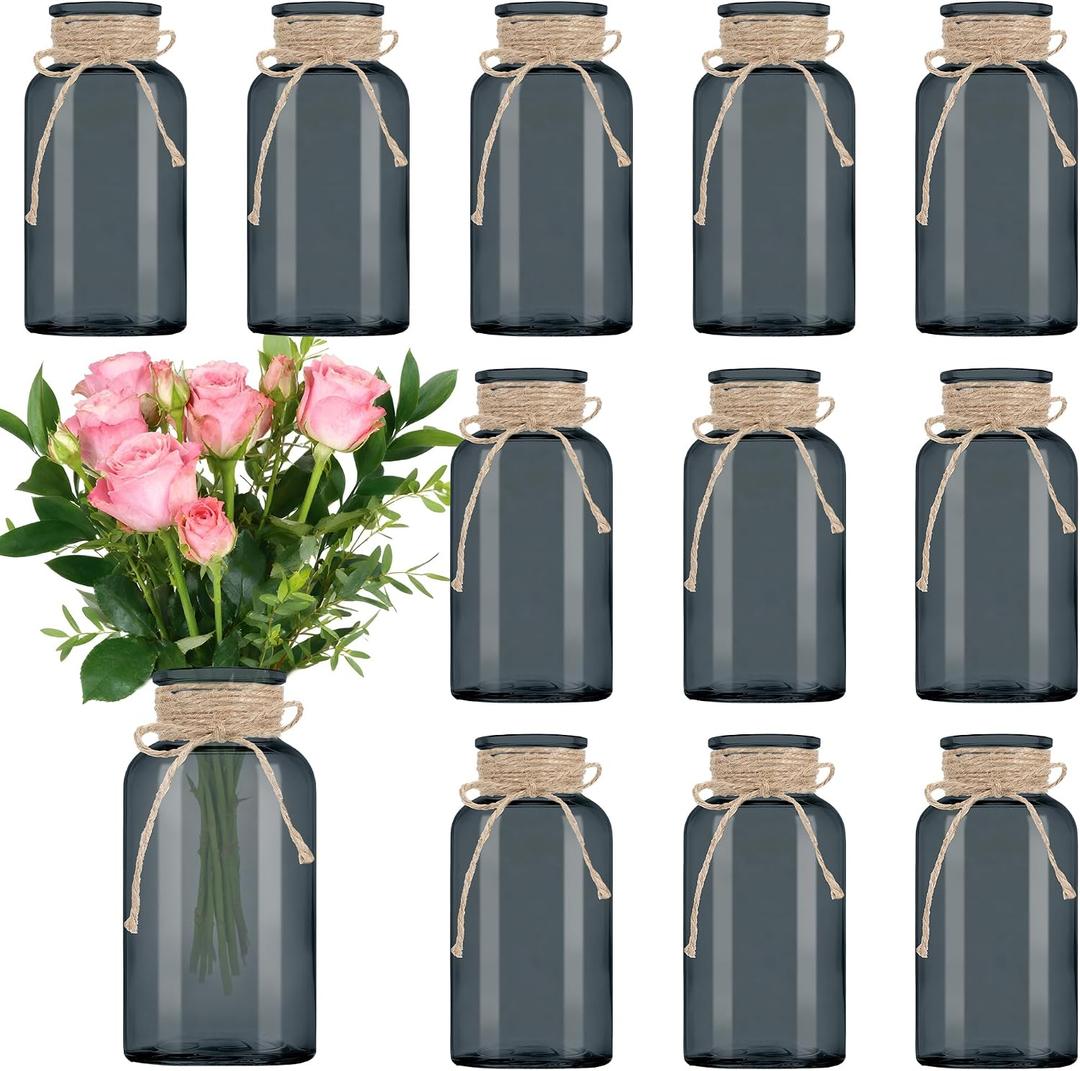 Vintage Glass Flower Vase, Farmhouse Glass Centerpiece Vases Mason Jars for Weddings, Parties & Home Decor Bulk (12, Black)