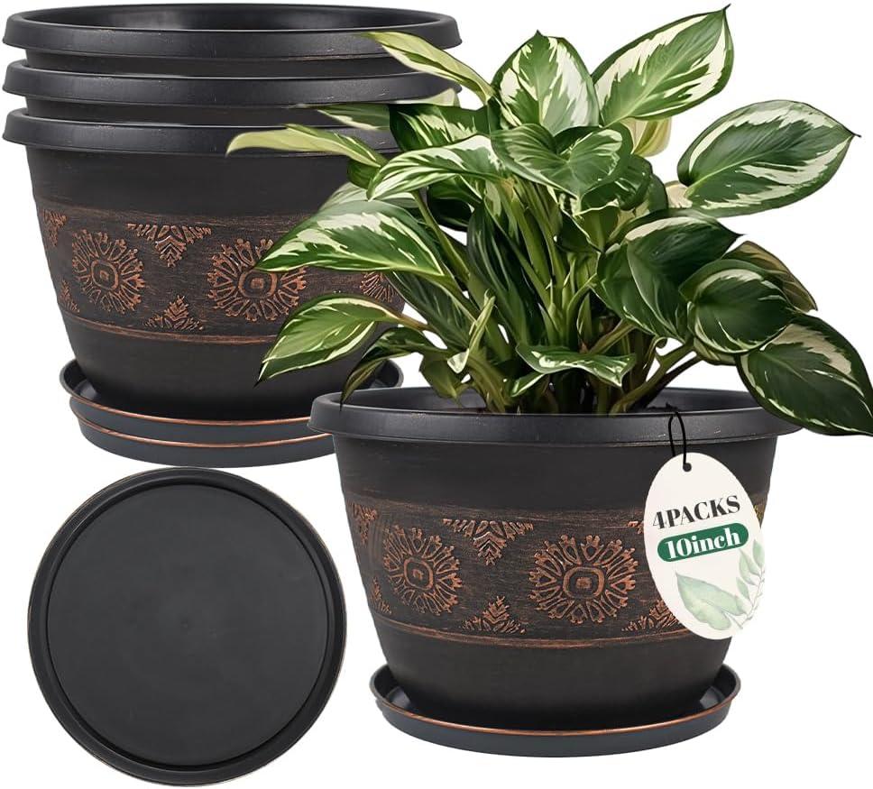 4 Pack 10 inch Plant Pots, Retro Pattern Planters with Drainage Holes and Saucer, Sturdy Plastic Garden Flower Pots for Indoor & Outdoor Plants (Copper)