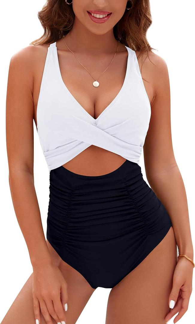 Blooming Jelly Womens One Piece Swimsuits Push Up Tummy Control Bathing Suit Cutout Ruched Slimming Swim Suits 2025 (XX-Large, White & Black)