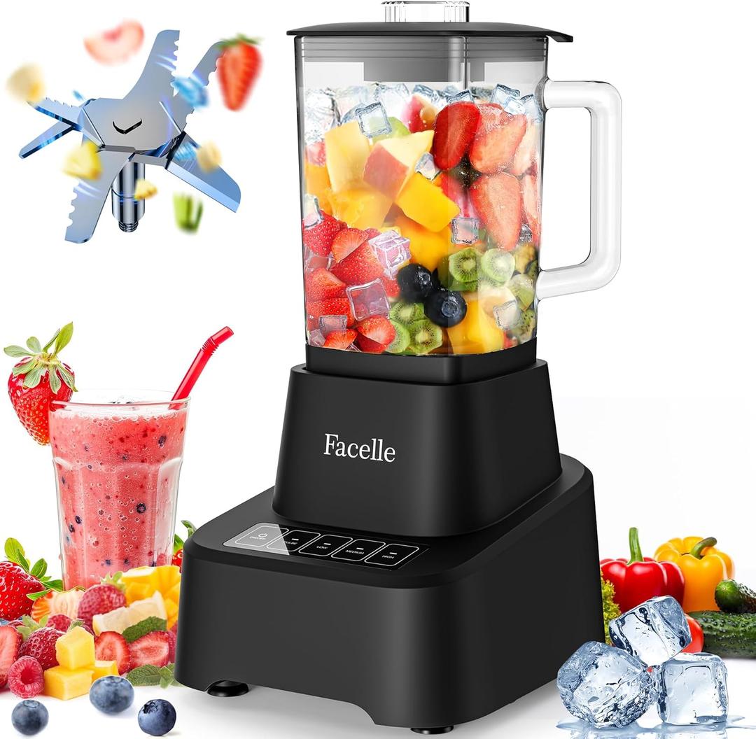 Smoothie Blender, Facelle Countertop Blender for Kitchen, 55 oz Glass blender for smoothies and Shakes, Licuadora, Smoothie maker with touchscreen 3+P Speeds, Cleaning brush  removable SS304 blade (Black)