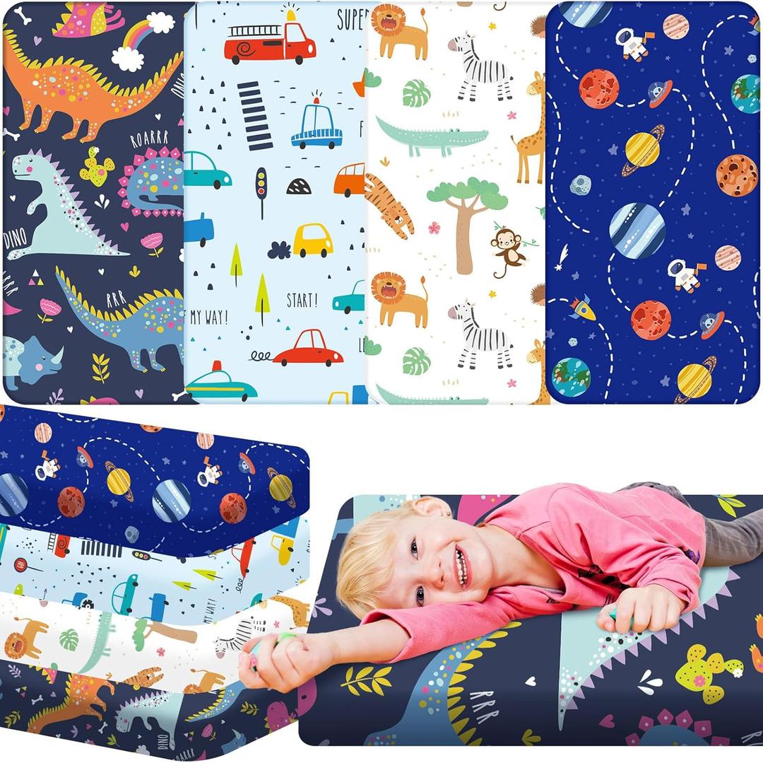 Mixweer 4 Pcs Daycare Crib Fitted Sheets for Toddler and Preschool 24 x 48 x 4 Inches Nap Fitted Sheet for Boys Soft Breathable Nap Pad Cover Standard Daycare Cot Bed Fitted Sheet