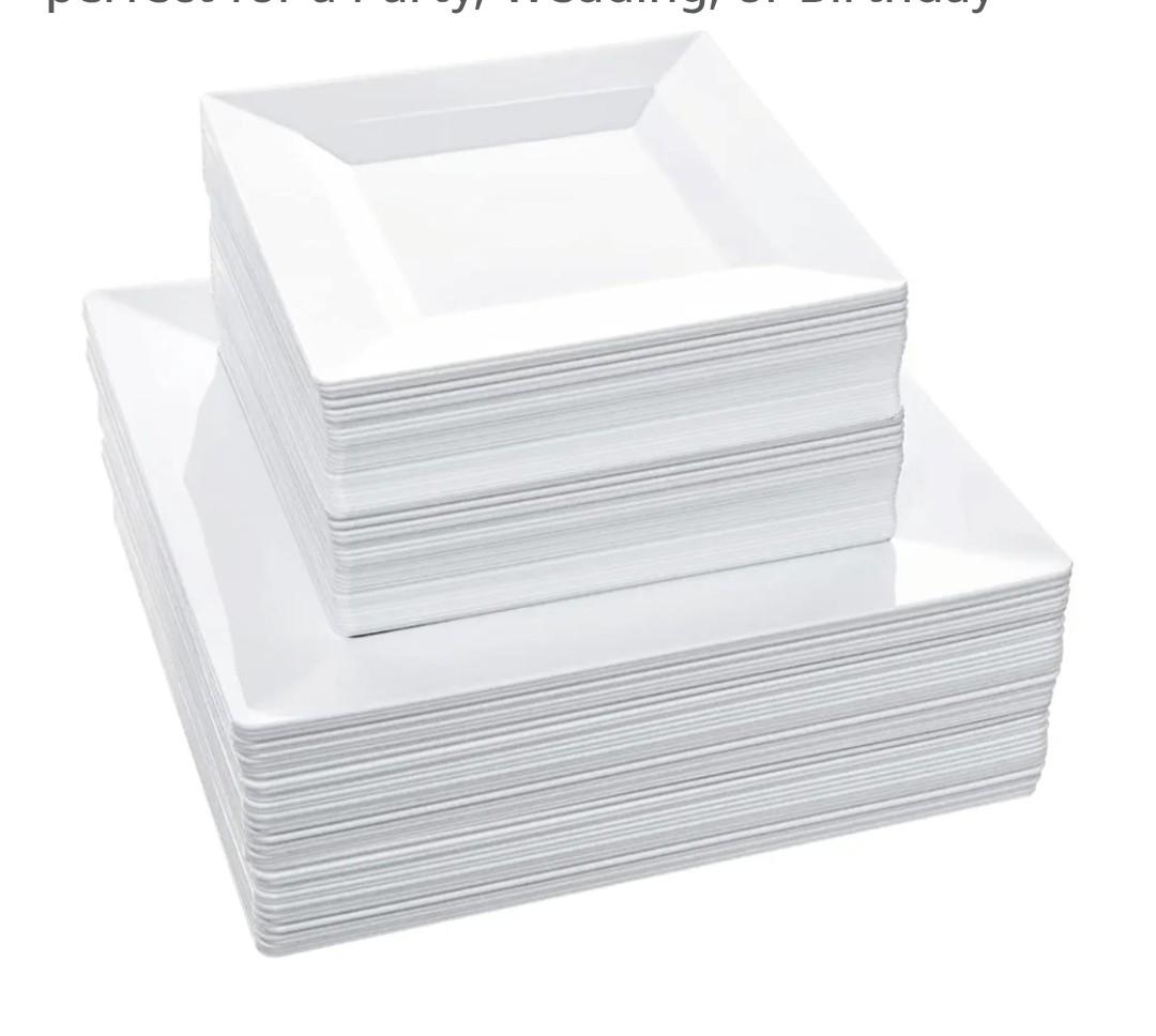 Disposable Square Plastic Plates - 100 Pack - 50 x 9.5 Dinner and 50 x 6.5 Salad Combo Plate - Premium Heavy Duty - Fancy and perfect for a Party, Wedding, or Birthday Disposable Square Plastic Plates - 100 Pack - 50 x 9.5 Dinner and 50 x 6.5 Salad Combo Plate - Premium Heavy Duty - Fancy and perfect for a Party, Wedding, or Birthday