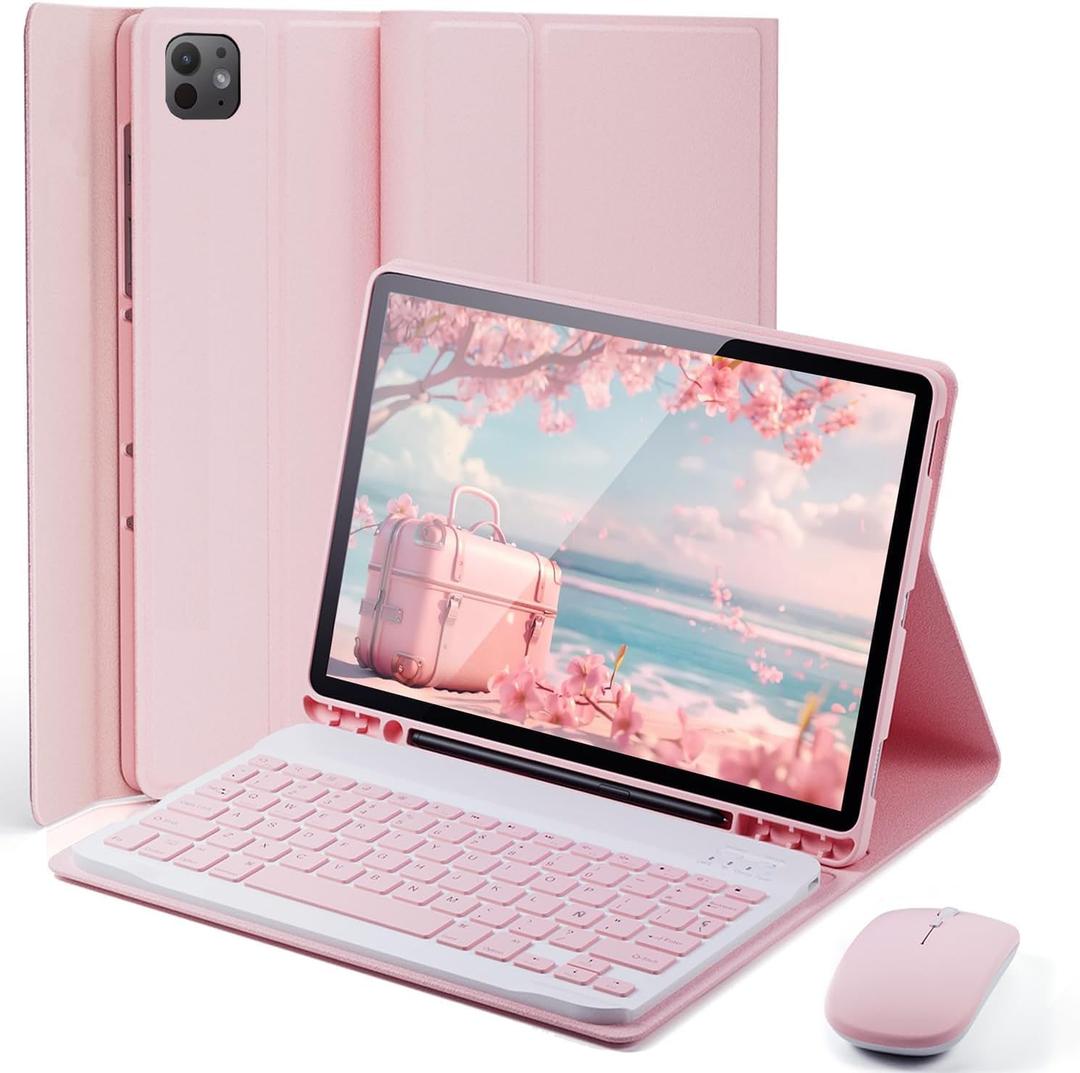 TUNKARMOR for iPad Pro 11 inch M5 M4 Case with Keyboard 2025/2024 Builtin Pencil Holder with Mouse  Pink