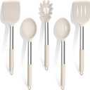 TeamFar Cooking Utensils Set, 5 PCS Silicone Kitchen Utensils with Stainless Steel Handle for Nonstick Cookware Turning Flipping Frying Draining, Heatproof & Healthy, Nonstick & Easy Clean, Khaki (Khaki)
