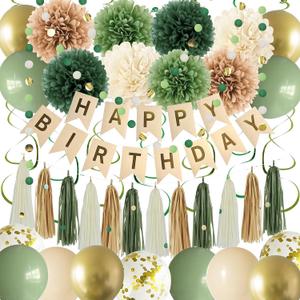 Green Birthday Party Decorations for Women Girls with Happy Birthday Banner, Tissue Paper Pompoms, Paper Tassel, Circle Garland, Hanging Swirl, Birthday Balloons for Party Decor (sage green)