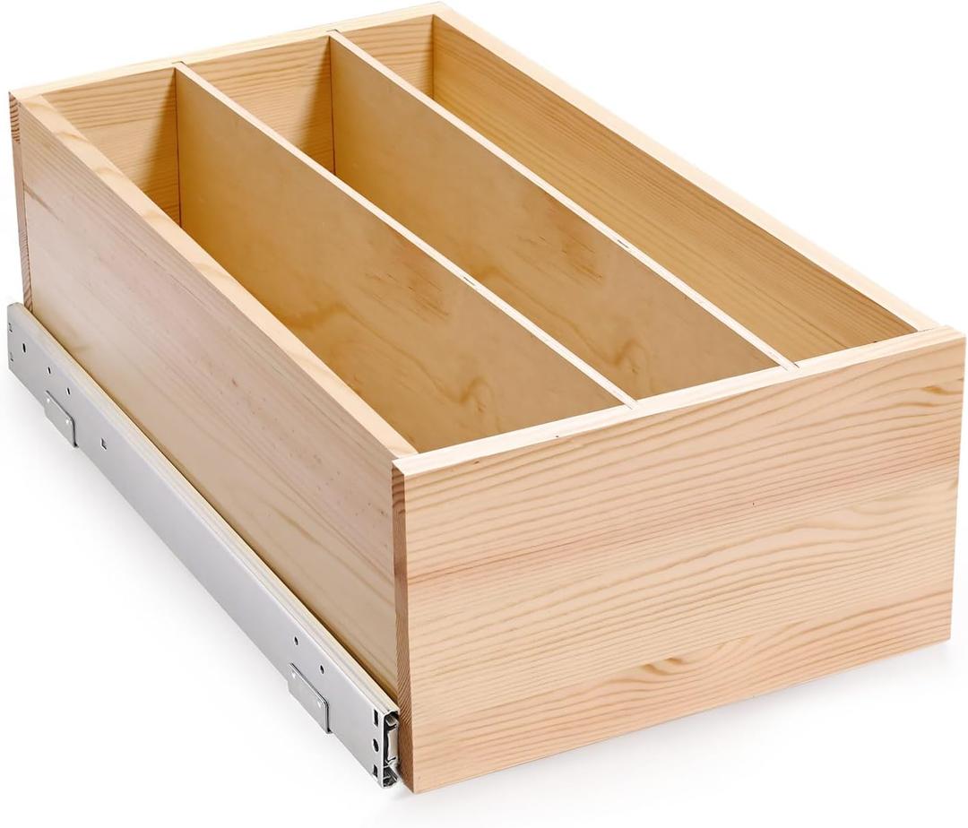 Pull Out Cabinet Organizer with Divider, 12''W21''D7''H Soft Close Wood Drawer for Kitchen Pantry, Finished, Heavy-Duty, Bottom Assembly (Wood Drawer Part Width is 11'')