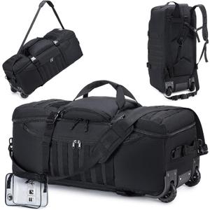 KSIBNW Rolling Duffel Bag with Wheels and Handle, 4 In 1 Tactical 86L Military Backpack with Hidden Straps,Waterproof Wheeled Large Duffle Bag for Travel,Durable MOLLE Luggage for Men & Women, Black