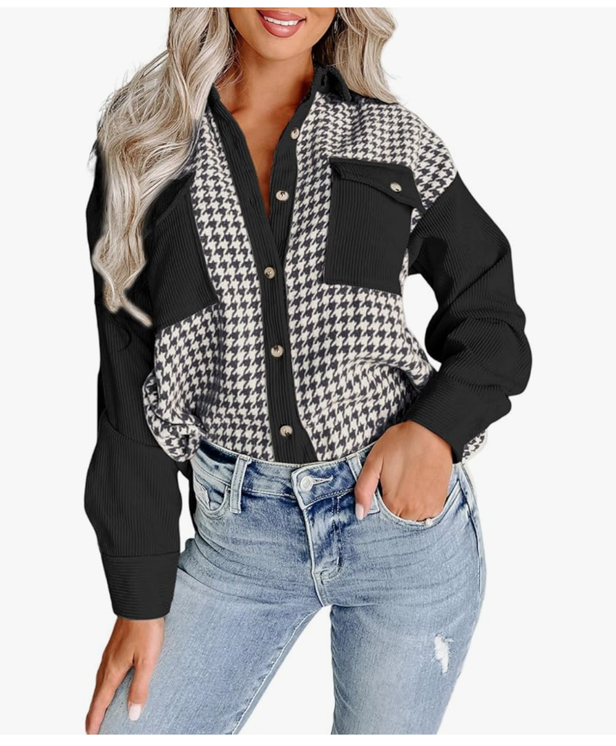 Dokotoo Womens Corduroy Color Block Button Down Shirts Casual V Neck Plaid Long Sleeve Oversized Blouses Tops Medium