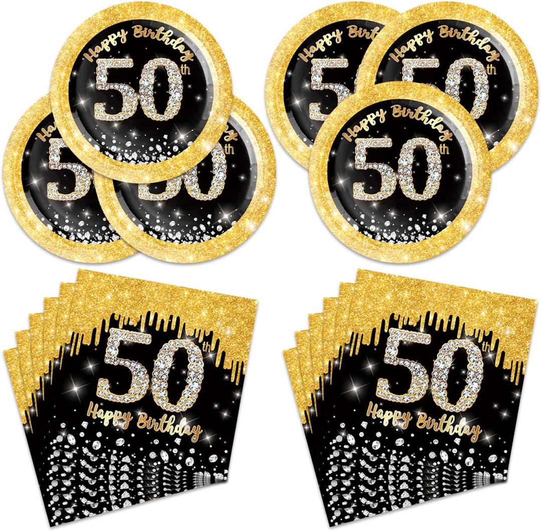 2 x 40Pcs 50th Birthday Decorations Black and Gold Paper Plates and Napkins Party Supplies as 50 Year Old Gifts for Women Men Black and Gold 1975 Birthday Decorations