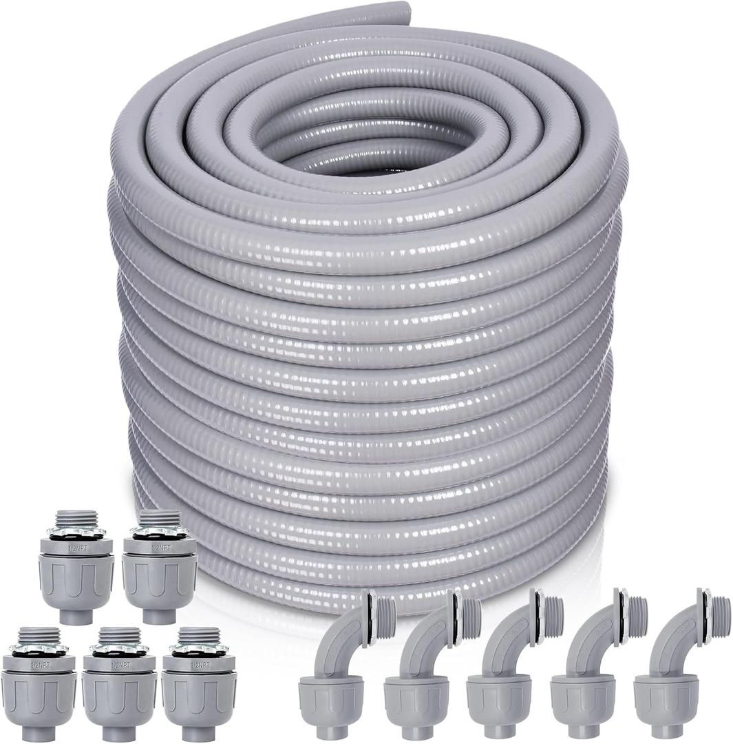 Liquid-Tight Conduit and Connector Kit - 1/2 Inch 100 FT Non Metallic Liquid Tight Electrical Conduit with 5 Straight and 5 Angle Fittings