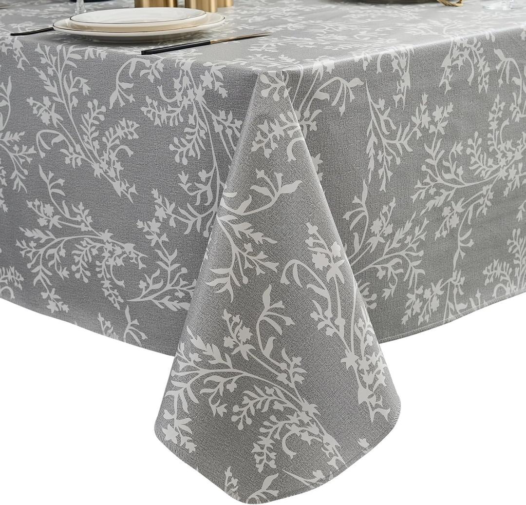 Pioggia Vinyl Tablecloth with Flannel Backing - Waterproof, Oil-Proof, Easy to Clean -Plastic Table Cloth - Perfect for Dining Tables, Kitchen Tables, Parties (Grey Leaves, 5454 Inch Square)
