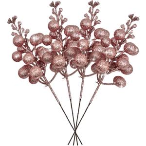 36Pcs Rose Gold Christmas Glitter Berries Stems, 7.5 Inch Artificial Christmas Picks, Glitter Berry Branches, Berry Holly Picks Stems for Christmas Tree Ornaments, DIY Xmas Wreath Party Home Decor