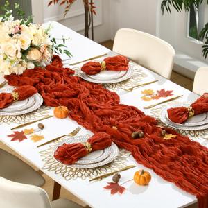 Preboun 26 Pcs Thanksgiving Table Decorations Includes 12 Cheesecloth Napkins 2 Terracotta Table Runner 12 Gold Metal Napkin Rings Bulk Rustic Wedding Thanksgiving Party Decoration Home (Leaf)