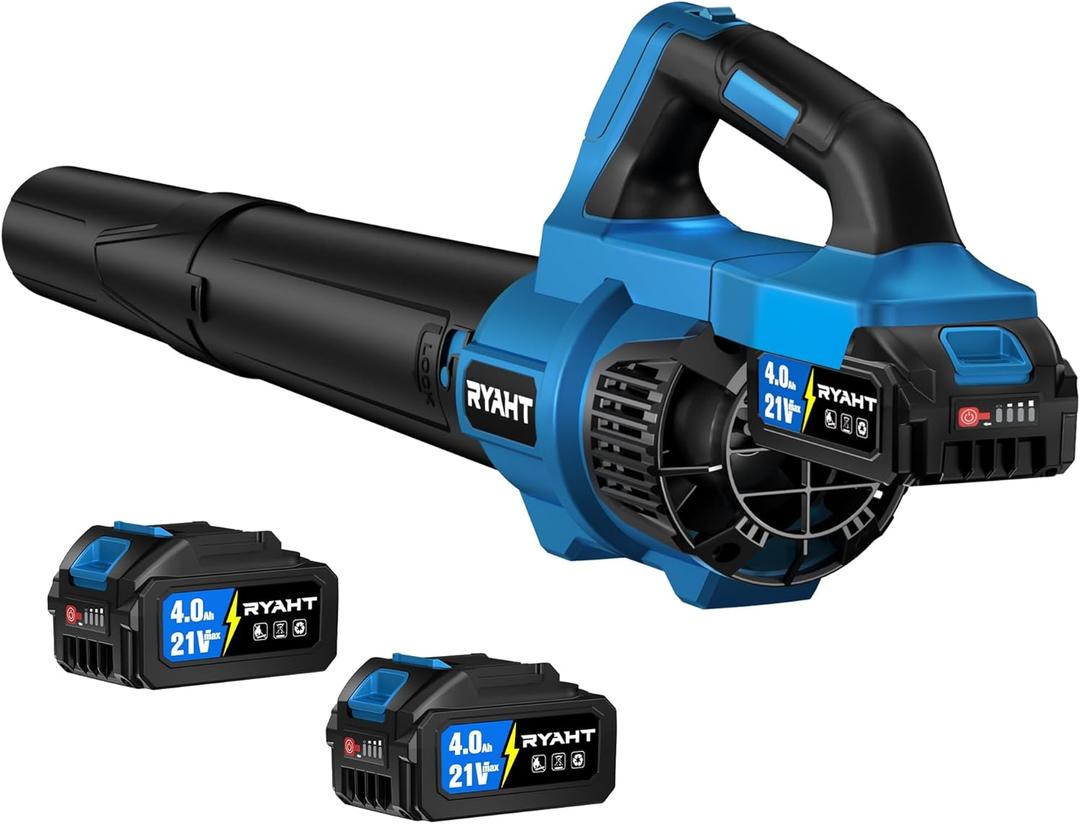 RYAHT Leaf Blower Cordless, 21V Powerful Electric Leaf Blower with 2 X 4.0Ah Batteries and Charger, 2 Speed Modes, Handheld Lightweight Leaf Blowers for Lawn Care, Patio, Dust, Blowing Leaves, Blue